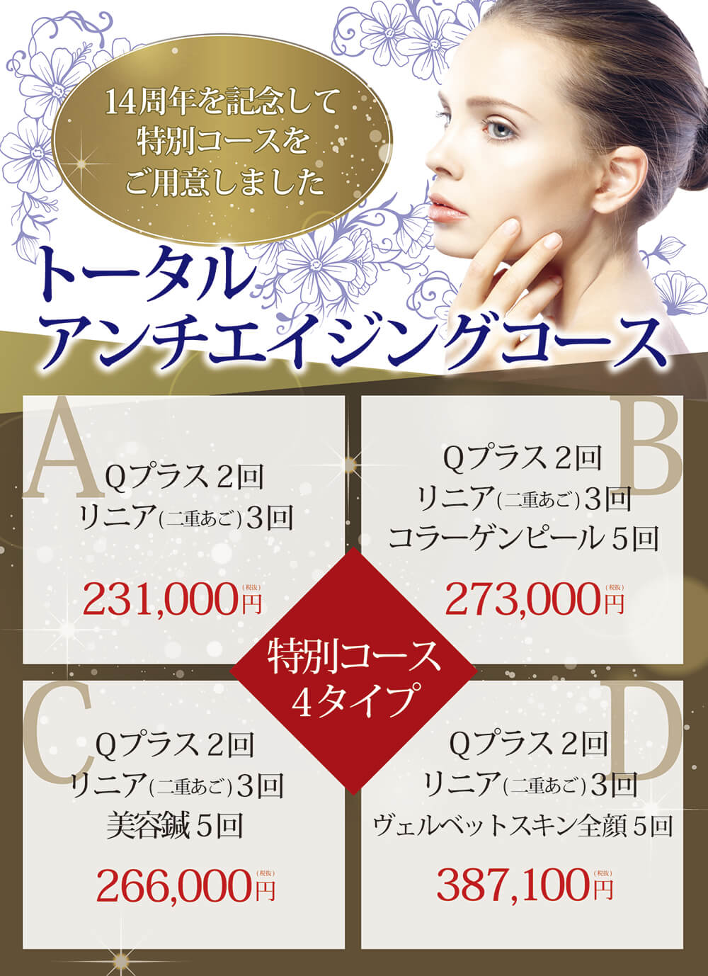 ウルトラセルQプラス2回+リニア・カートリッジ3回 231,000円(税抜) ウルトラセルQプラス2回+リニア・カートリッジ3回+コラーゲンピール5回 273,000円(税抜) ウルトラセルQプラス2回+リニア・カートリッジ3回+美容鍼5回 266,000円(税抜) ウルトラセルQプラス2回+リニア・カートリッジ3回+ヴェルベットスキン(全顔)5回 387,100円(税抜)